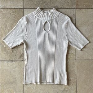 Cream Ribbed Short Sleeve Blouse with Cut Out